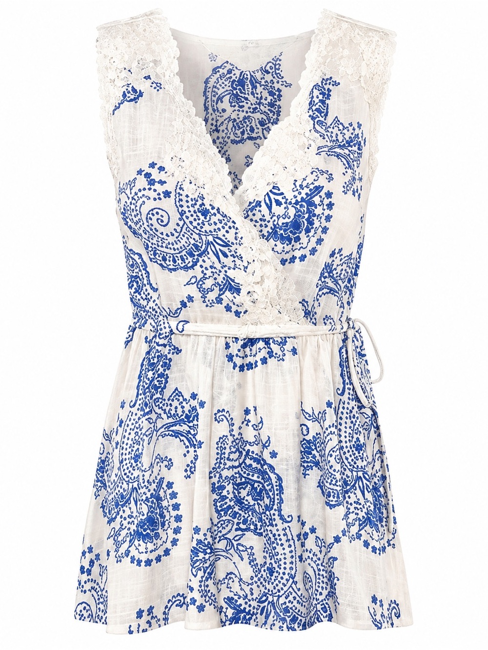 CAbi #5223 Veranda White and Blue Paisley Lace-Trim Blouse EUC